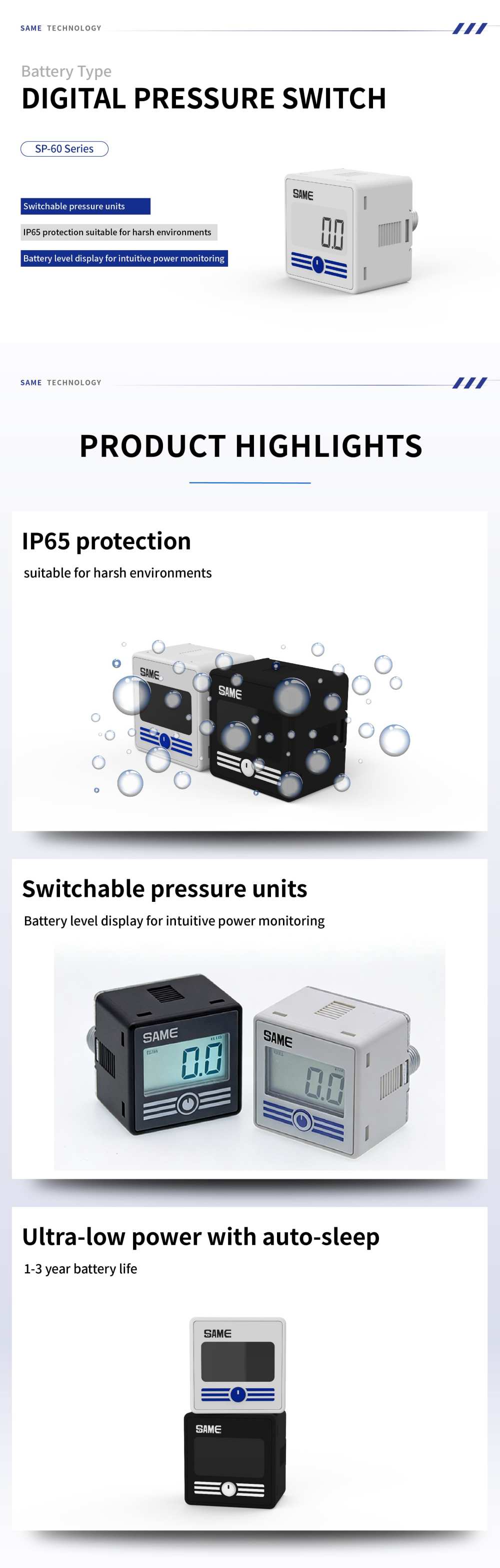 SP-60 Series Highlights including IP65, Battery Life, and Units